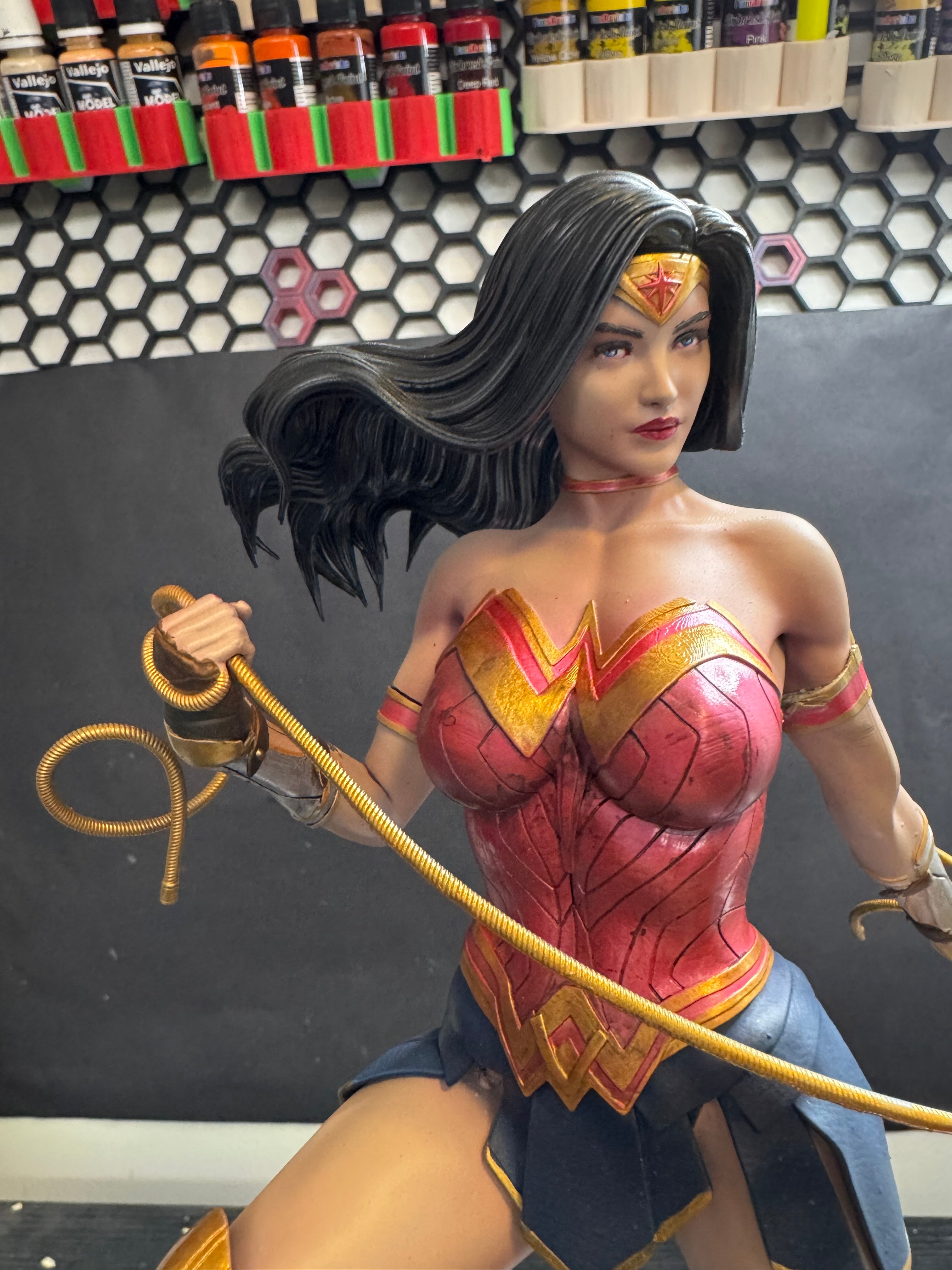 3D Printed & Hand-Painted Wonder Woman Resin Statue - Green A 3D