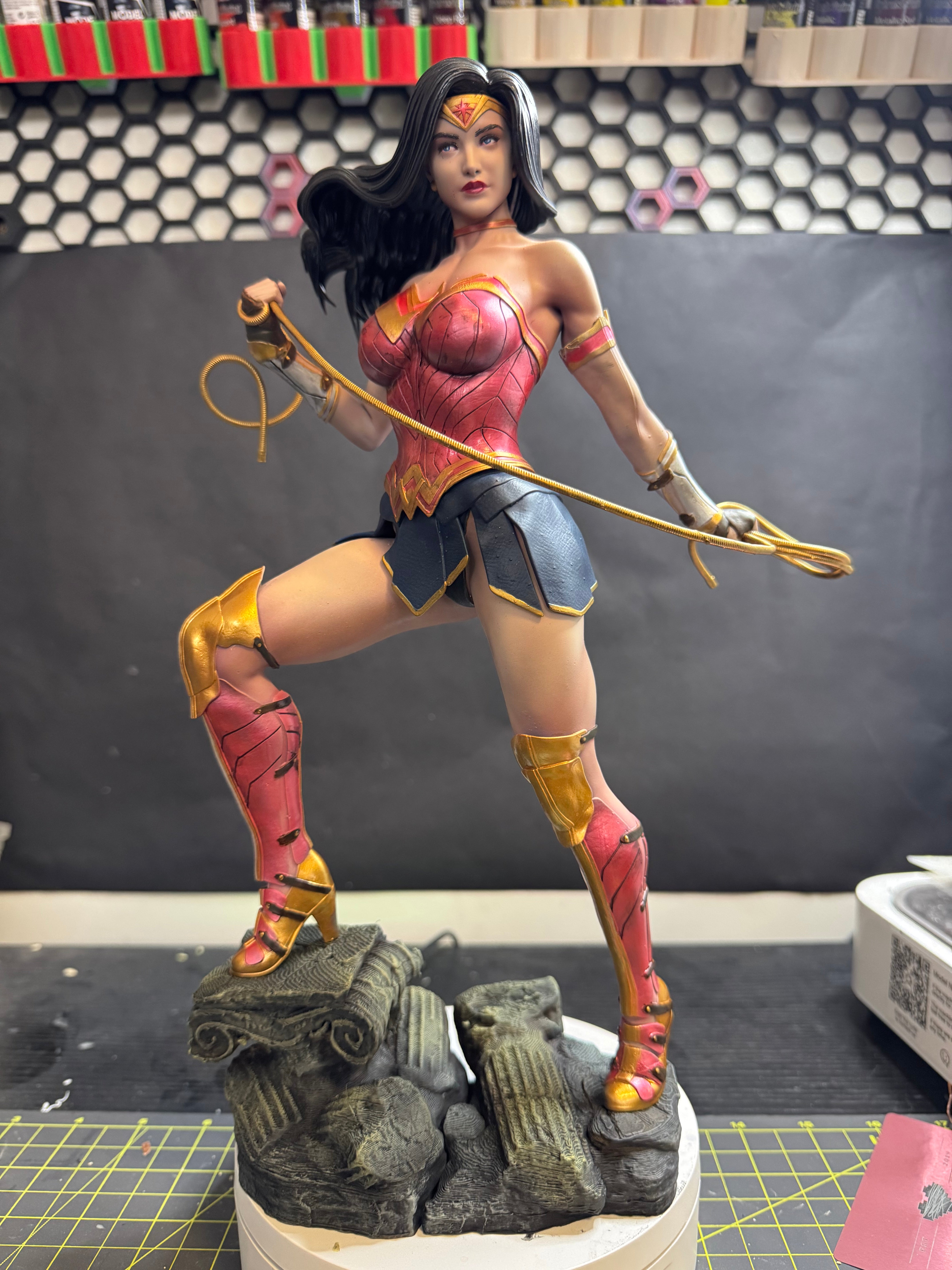 3D Printed & Hand-Painted Wonder Woman Resin Statue - Green A 3D